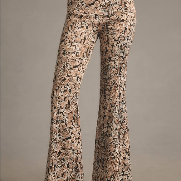 NWOT Anthropologie satin Floral flare Pants - Black and Tan - Picture 1 of 5
